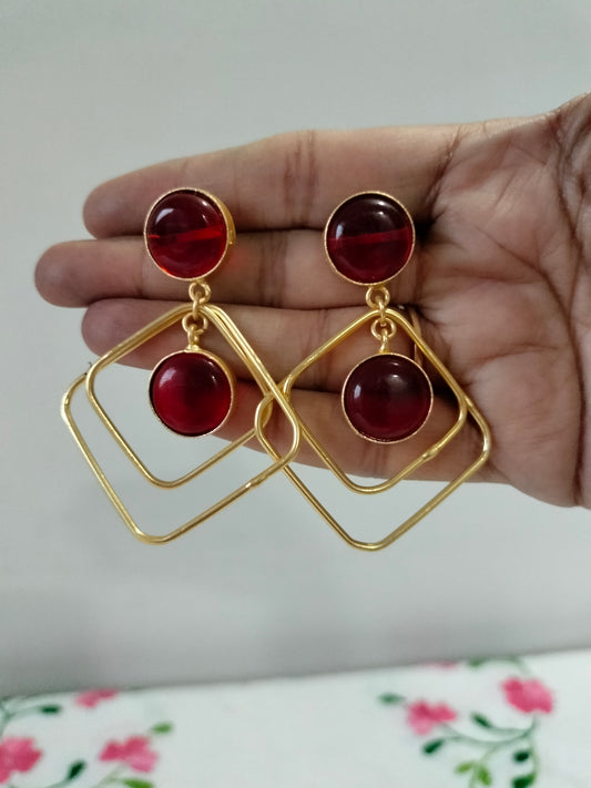 Red Golden Square Earrings